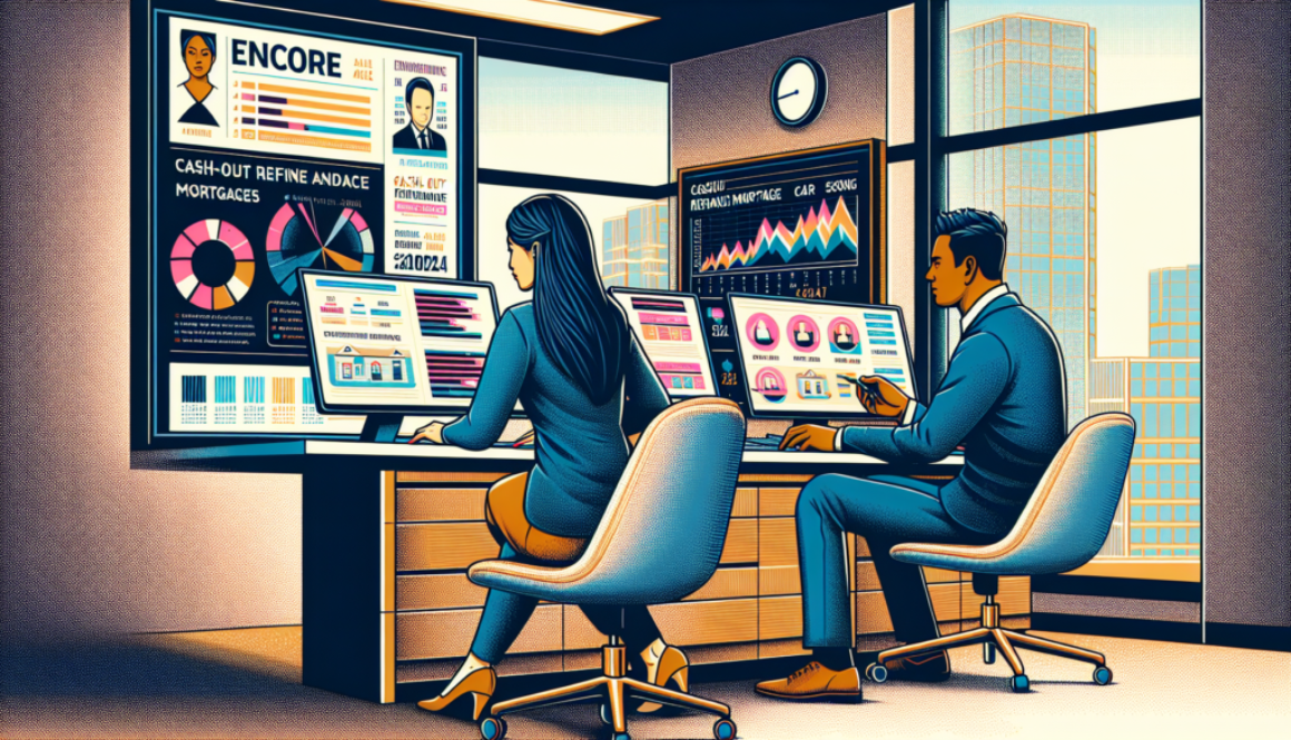 A detailed digital illustration of a young couple consulting with a financial advisor in a modern office, examining documents and computer screens displaying graphs about cash-out refinance mortgages,