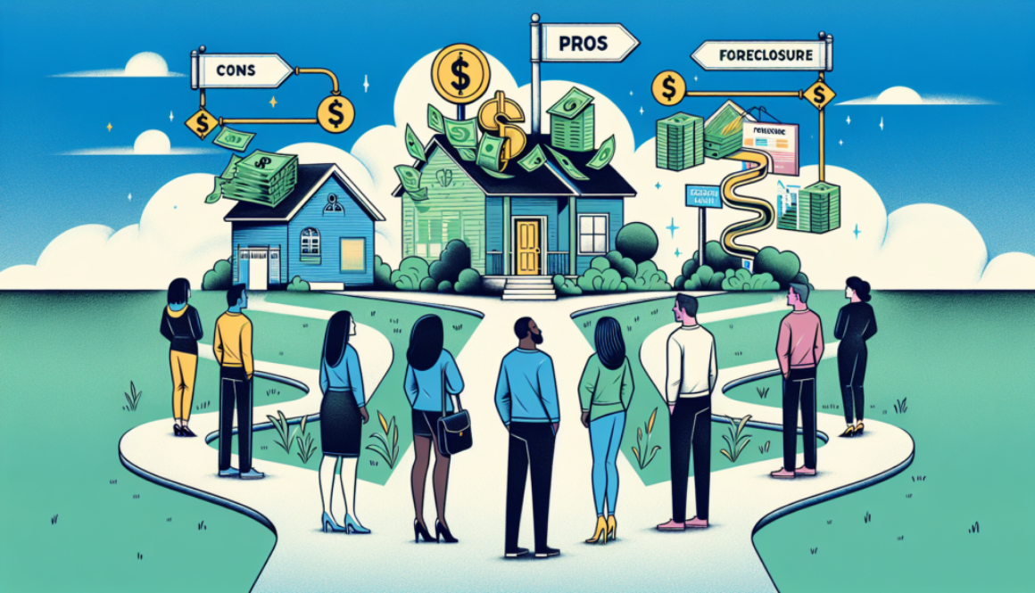 An illustrated guidebook cover depicting a homeowner standing at a crossroads, with one path leading to a house made of money symbolizing 'Pros' and the other path showing a house with a foreclosure s