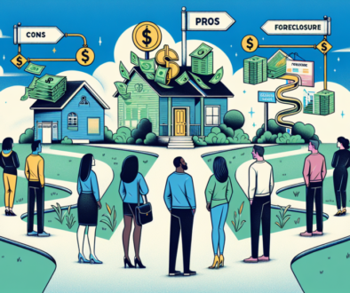 An illustrated guidebook cover depicting a homeowner standing at a crossroads, with one path leading to a house made of money symbolizing 'Pros' and the other path showing a house with a foreclosure s