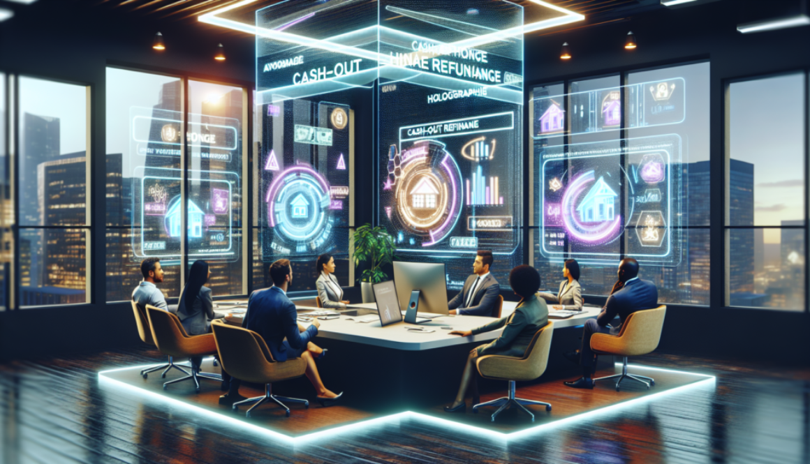 A futuristic financial advisor's office in 2024, with holographic displays showing detailed graphs and charts about cash-out refinance options, with a diverse group of clients seated around, engaging