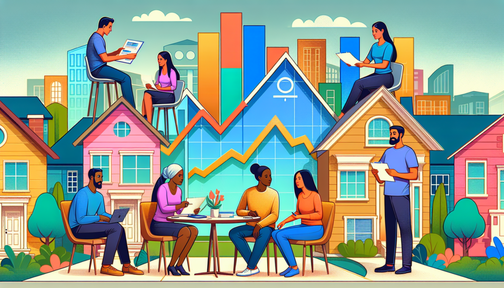 An illustrated graph showcasing the rising and falling trends of Home Equity Line of Credit (HELOC) rates in a suburban neighborhood setting, with diverse families and individuals reviewing documents