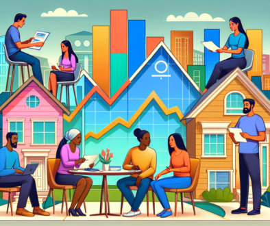 An illustrated graph showcasing the rising and falling trends of Home Equity Line of Credit (HELOC) rates in a suburban neighborhood setting, with diverse families and individuals reviewing documents