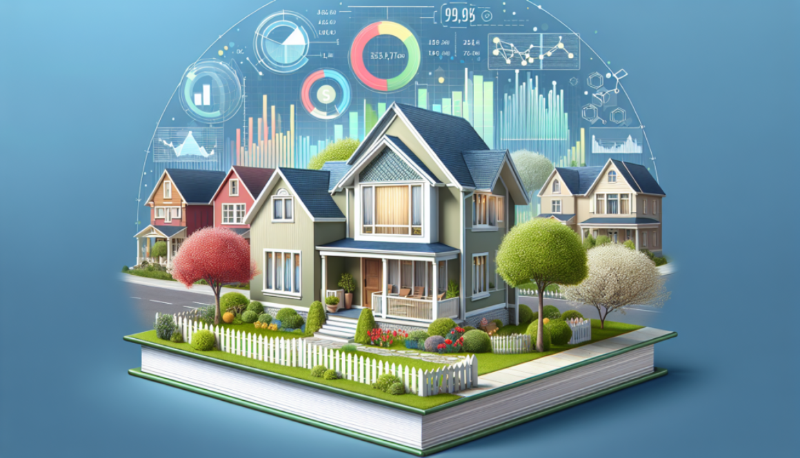 An illustrated guidebook cover featuring a serene suburban home with a transparent overlay showing graphs and numbers symbolizing financial calculations, set against a backdrop of a welcoming neighbor