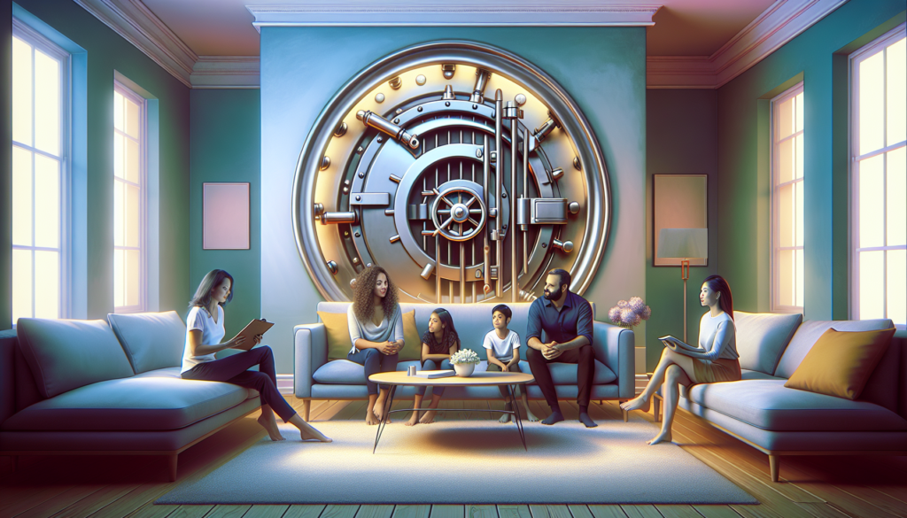 An inviting living room that seamlessly transforms into a bank vault, illustrating the concept of unlocking home equity, with soft natural lighting and a diverse family discussing finances with a fina