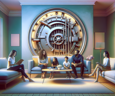 An inviting living room that seamlessly transforms into a bank vault, illustrating the concept of unlocking home equity, with soft natural lighting and a diverse family discussing finances with a fina
